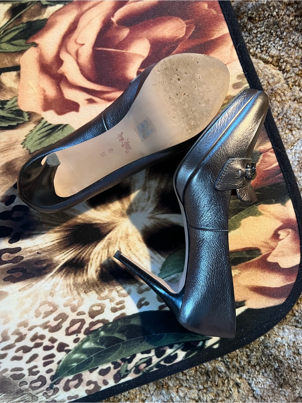 COACH Metallic Silver Calf Leather Pointed Loafers with Coach Plate Accent - Picture 4 of 4